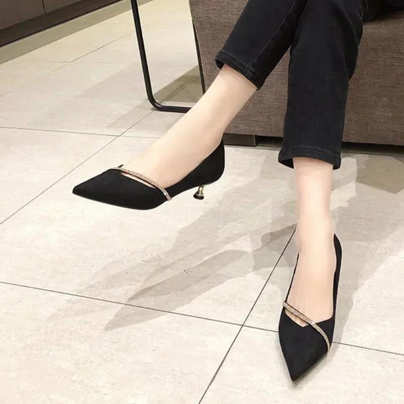 Fashion Normal Leather Casual with Crystals Ladies Footwear Green Thin Heels Women's Shoes Rhinestone Pointed Toe Low Heel Elegant