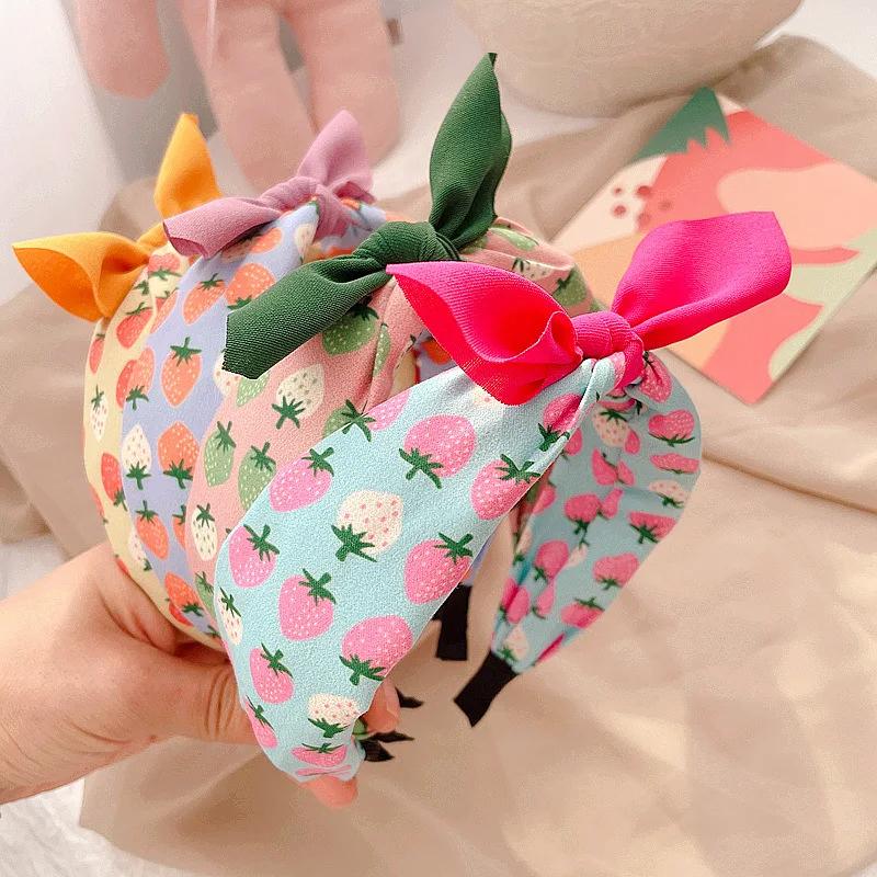 New Fruit Print Hairband for Women Strawberry Knot Bow Headband Korean Sweet Fabric Hoop Hair Band Girls Hair Accessories