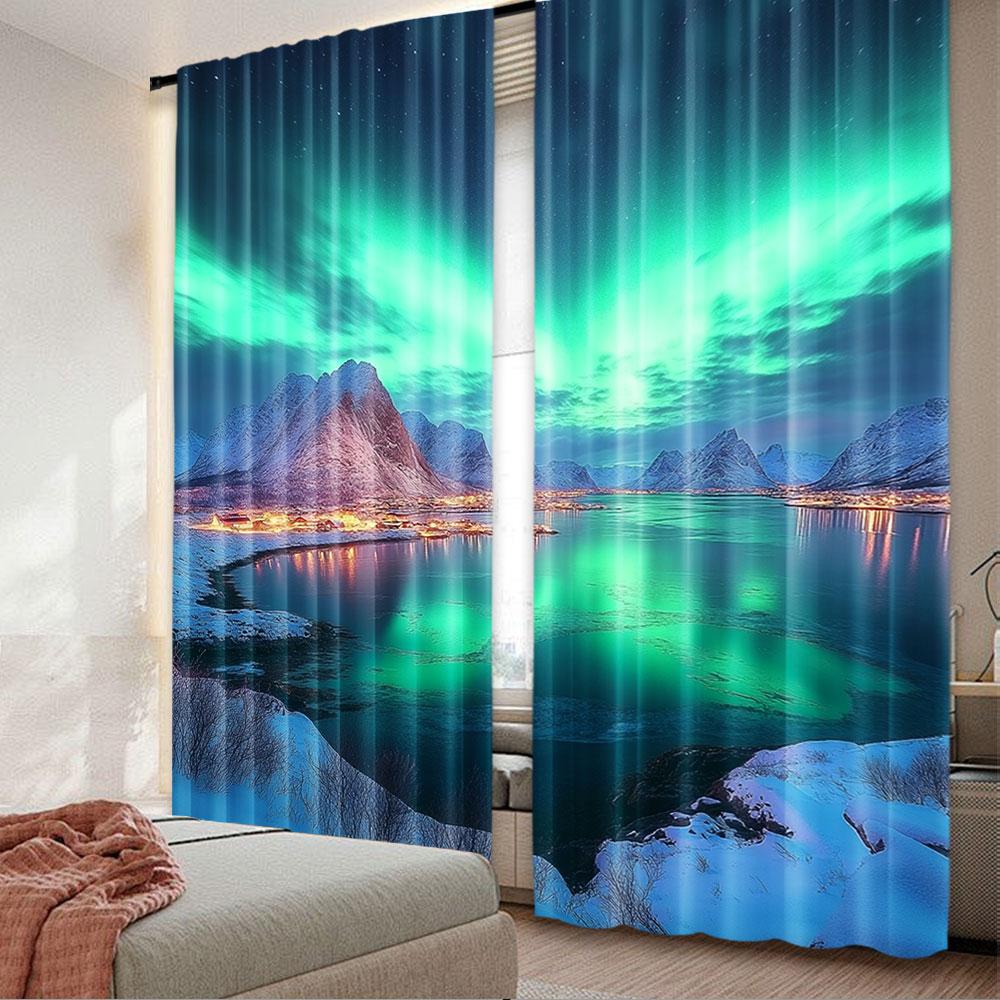2Pcs Aurora Night Sky Curtain Snow Capped Mountains Lake Scenery Starry Sky With Polar Lights Norway Winter Landscape Home Decor 60×150
