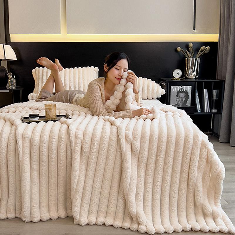 Ultra Soft Faux Rabbit Fur Throw Blanket Warm Plush Striped Blankets Conditioning Quilt Fluffy Throws For Couch Chair Sofa