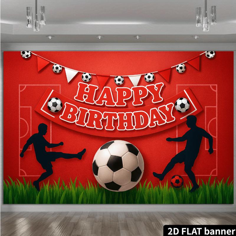 2D, birthday party background fabric with football theme, football players kicking the ball, center featuring classic football.