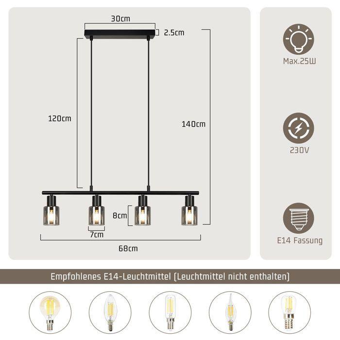 Lampe suspension 4 lumières - NETTLIFE - Modèle 4 lampes - Noir - Métal & verre - E14 Ø68cm