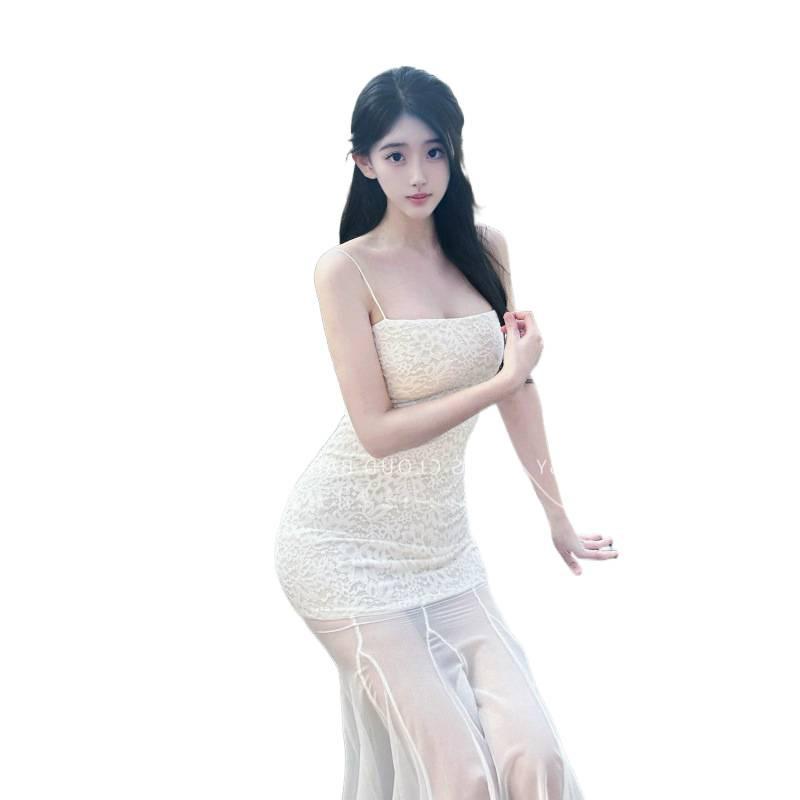 French gentle wind white lace splicing suspender dress vacation style temperament waist slim hip skirt summer