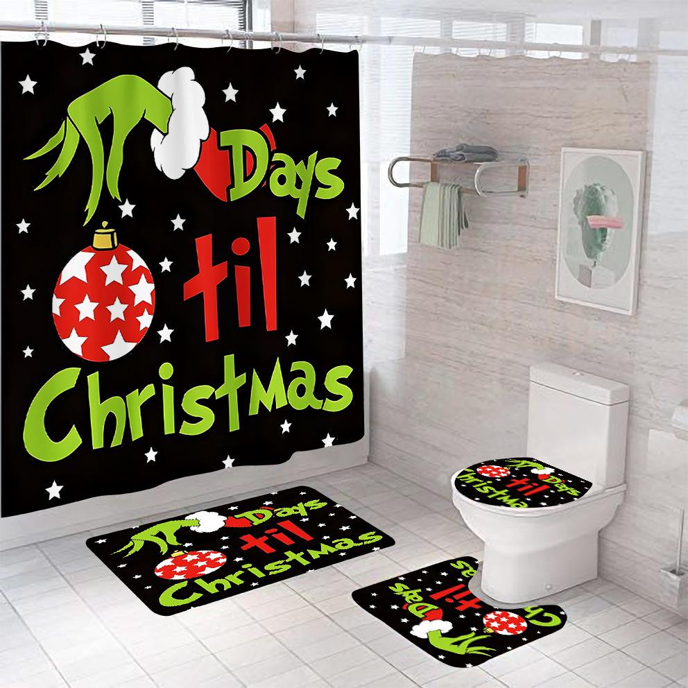Bathroom Shower Curtain Four-Piece Green Hair Monster Christmas Green Waterproof Shower Curtain Toilet Partition Curtain Bath Mat