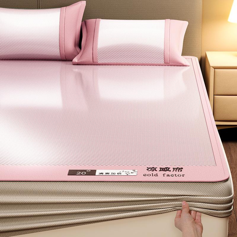 Machine Washable 3-Piece Ice Silk Cooling Mat Set with 2 Pillowcases, Breathable Summer Bed Sheet for Home Dorm, Soft Fitted Sheet