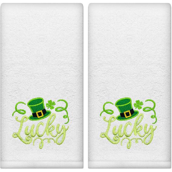 Hexagram St Patricks Day Hand Towels for Bathroom Set of 2, St Patricks Day Bathroom Decor Embroidered Lucky Green Hat Shamrock Pattern, Soft Luxury