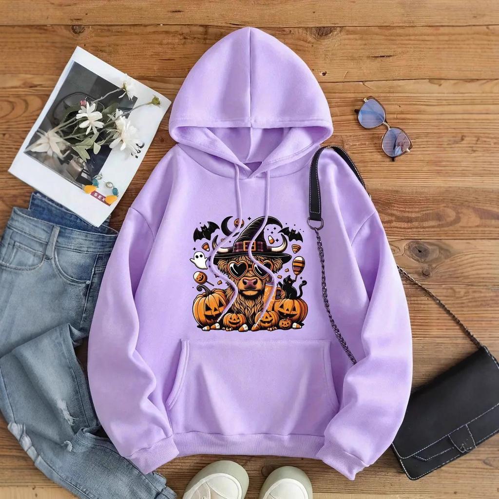 Ladies Spring Autumn Casual Hooded Long Sleeve Big Pocket Halloween Printed Pullover Hoodies Sweatshirt Top