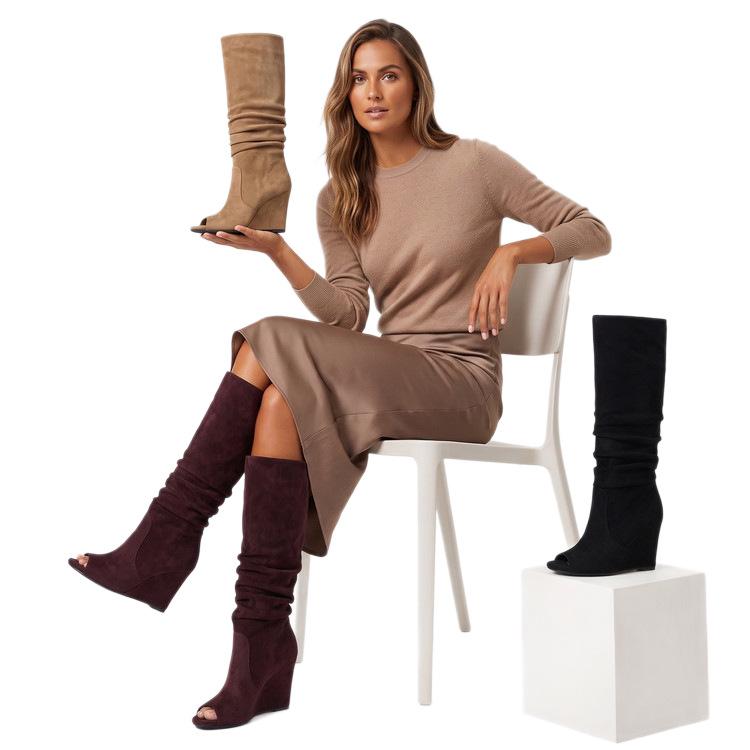 Black Suede Pile Boot Cover High Heel Sandals Autumn and Winter Long Tube Fish Mouth Slope Heel Skinny Boots