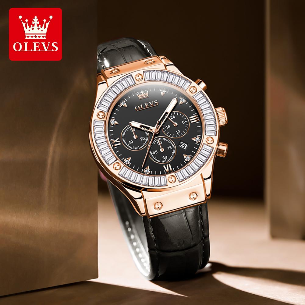 OLEVS 9978 Original Quarz Damenuhr Mode Lederarmband Luxus Diamantlünette Wasserdicht Leuchtend Chronograph Damenuhr