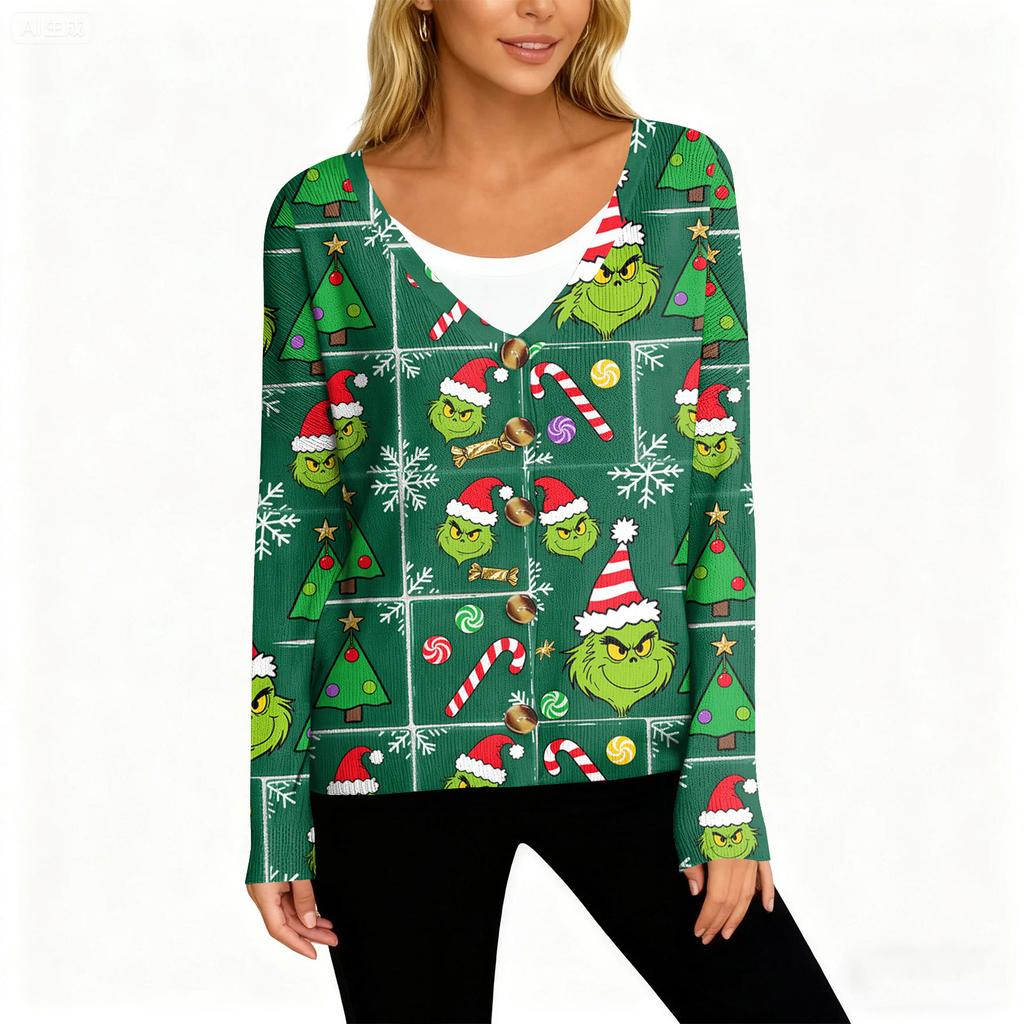 Women's Fashion Long Sleeve Christmas Snowman Snowflake Print Jacket Cardigan