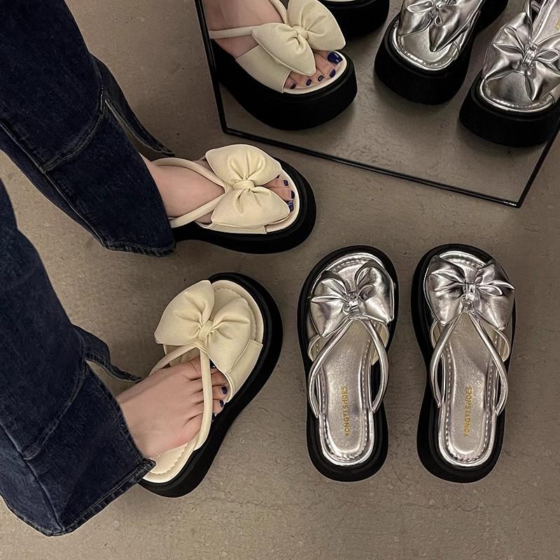 2025 Summer New Fairy Style Bow Gentle Platform Sandals Women Wear Fashionable Versatile One-word Cool Slippers