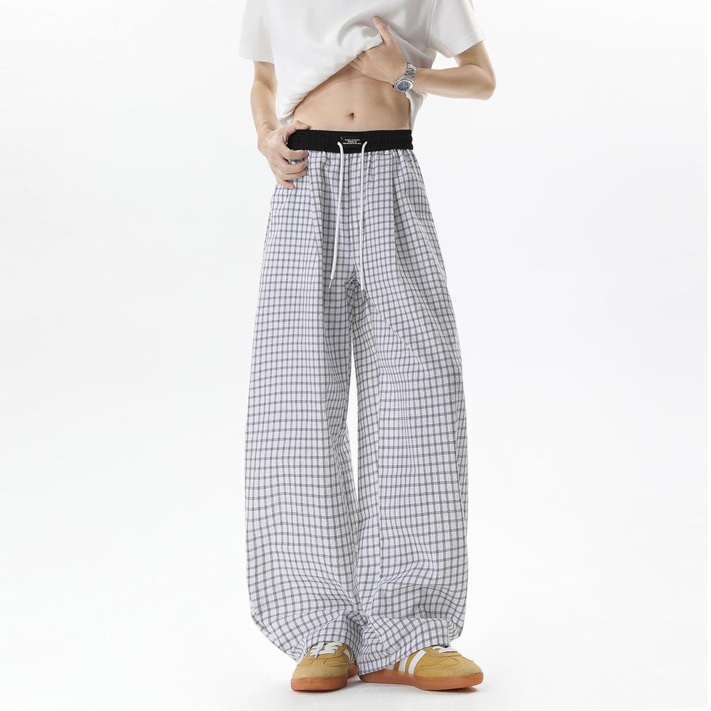 New Summer Retro Loose Plaid Casual Pants High Waist Loose Straight Thin Wide Leg Pants