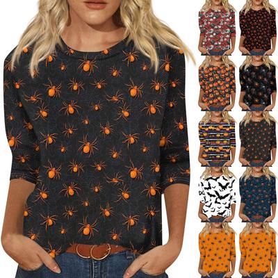 Women's Fashionable Casual Three-Quarter Sleeve Halloween Print Round Neck Top