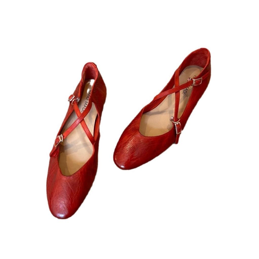 Washed cowhide~ Red ballet shoes retro leather cross-strap Mary Jane shoes women's round head shallow mouth flat-soled single shoes