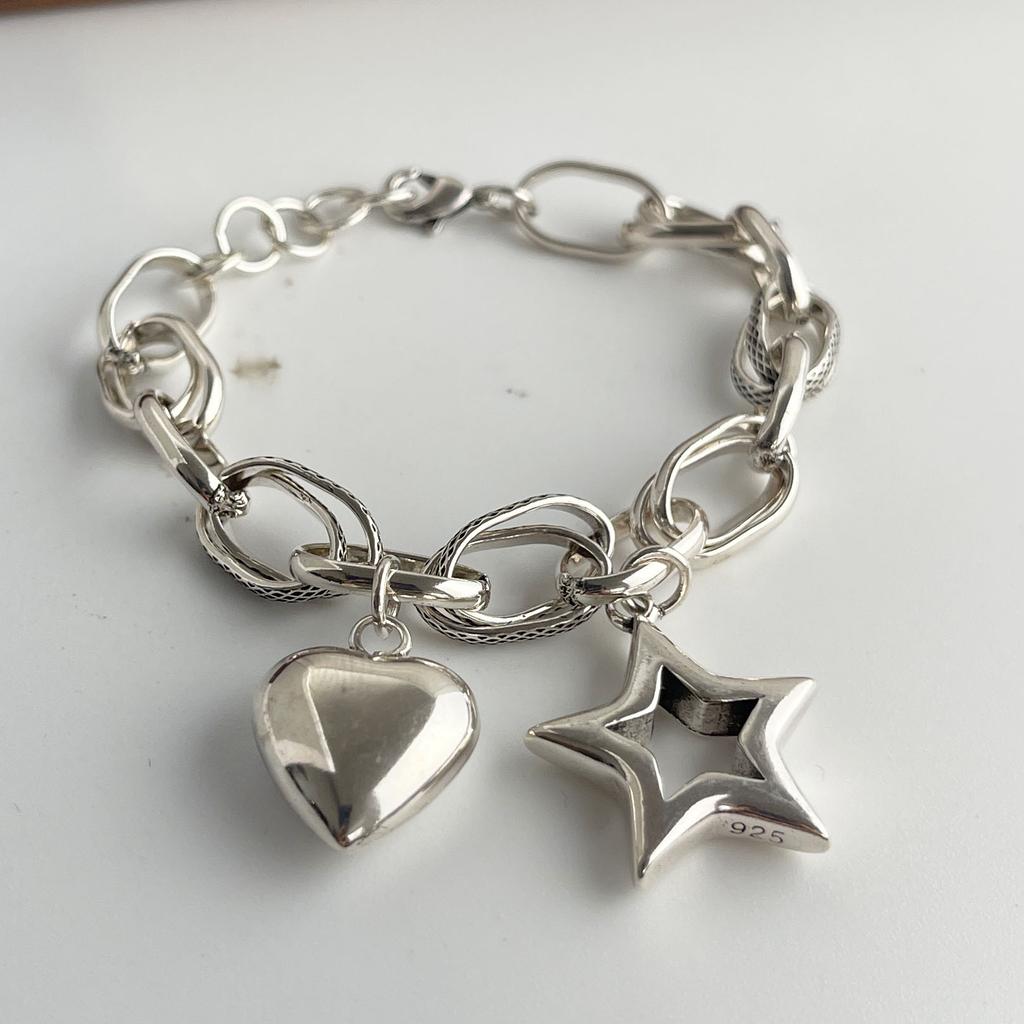 100% Solid 925 Sterling Silver Retro Bracelet for Women Men Vintage Handmade Heart Star Tassel Patern Bracelet Birthday Gift