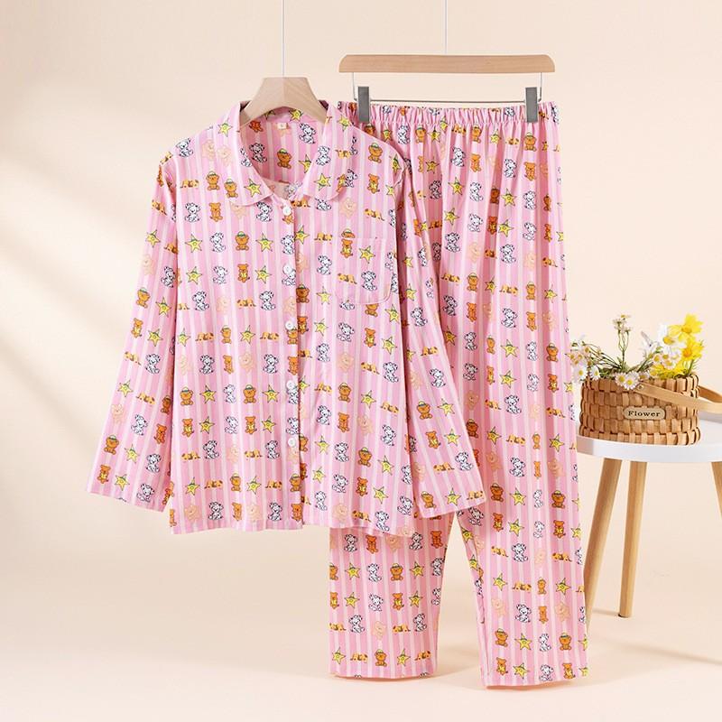 Womens Cotton Pajama Set Cartoon Long Sleeve Pants Loungewear
