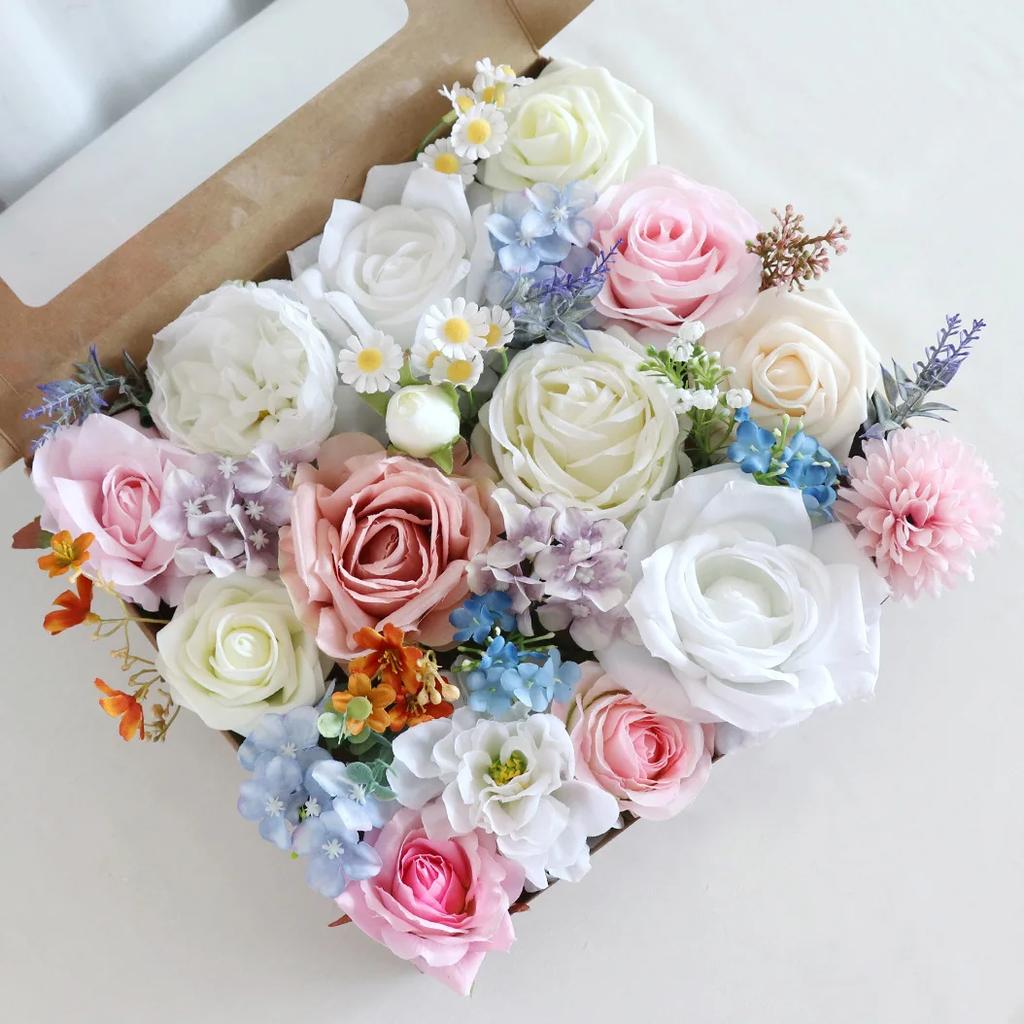 Pink Blue Artificial Flowers Combo Box Set for DIY Floral Arrangement Wedding Bouquet Party Table Centerpieces Decoration