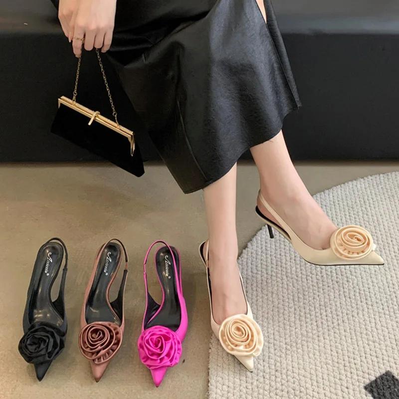 Fashion Sexy Silk Slingback Pointed Toe Women Pumps Fashion Design Flowers Thin Heels Banquet Prom Shoes