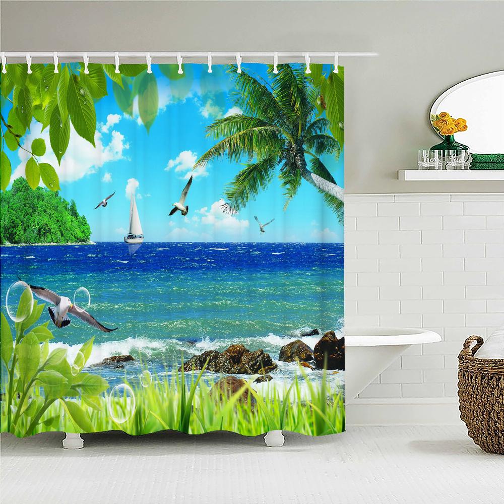 High Quality Sunny Sea Beach Scenery Fabric Shower Curtain Waterproof Printing Bath Curtains For Bathroom Decorate With Hooks