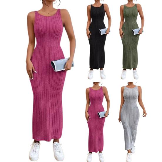 Sommerkleid für Damen, rückenfrei, schmal, ärmellos, einfarbig, elastisch, gestreift, Etuikleid, schmale Taille, O-Ausschnitt, gestrickt, Maxikleid, langes Urlaubskleid
