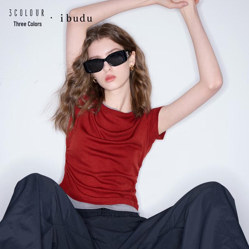 Sancai 2026 Summer Women s Faux Two-Piece Round Neck Short Sleeve T-Shirt M