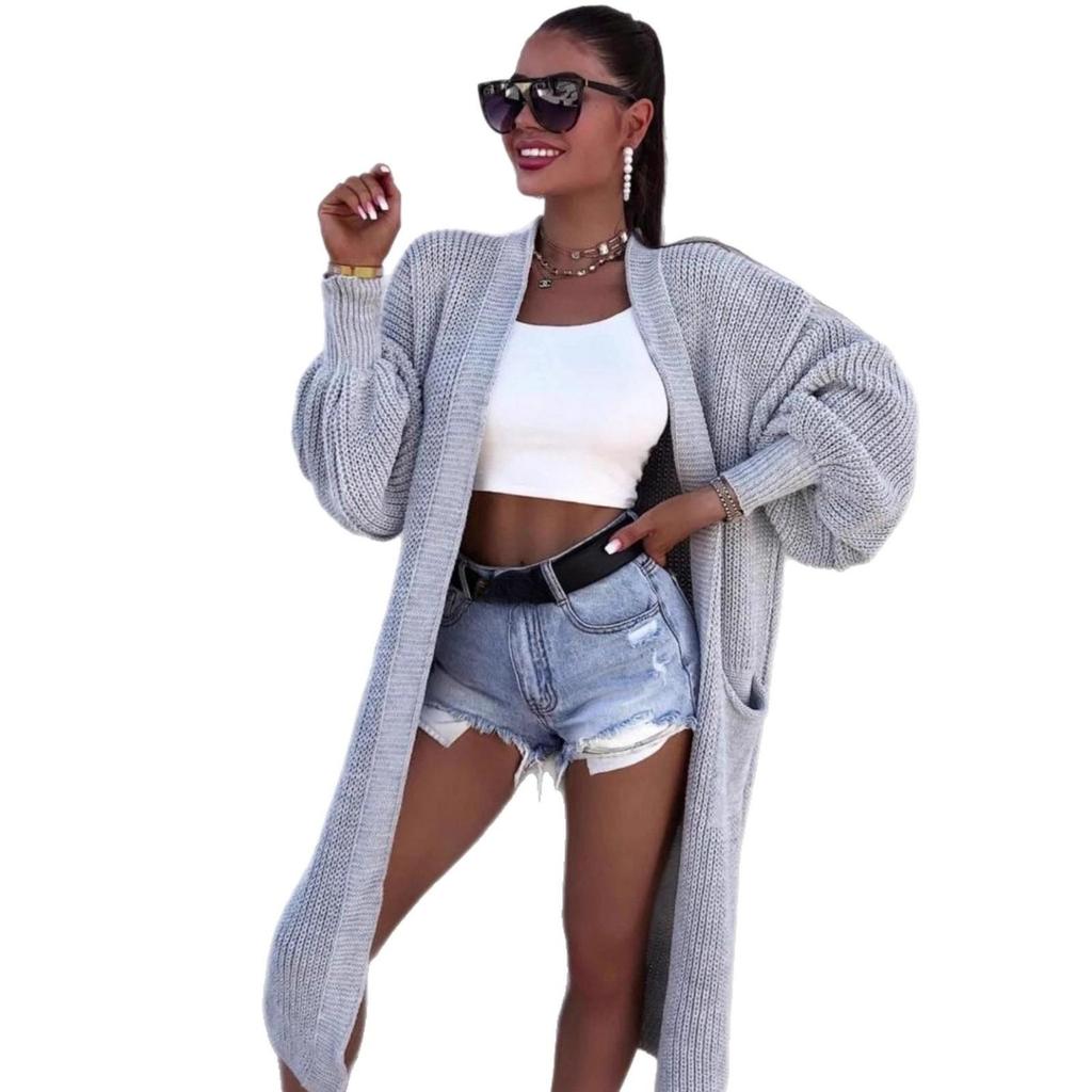 Chun-needle Knitted Sweater for Autumn and Winter Women's Outerwear, Solid Color Large-sized Long Pocket Cardigan Coat