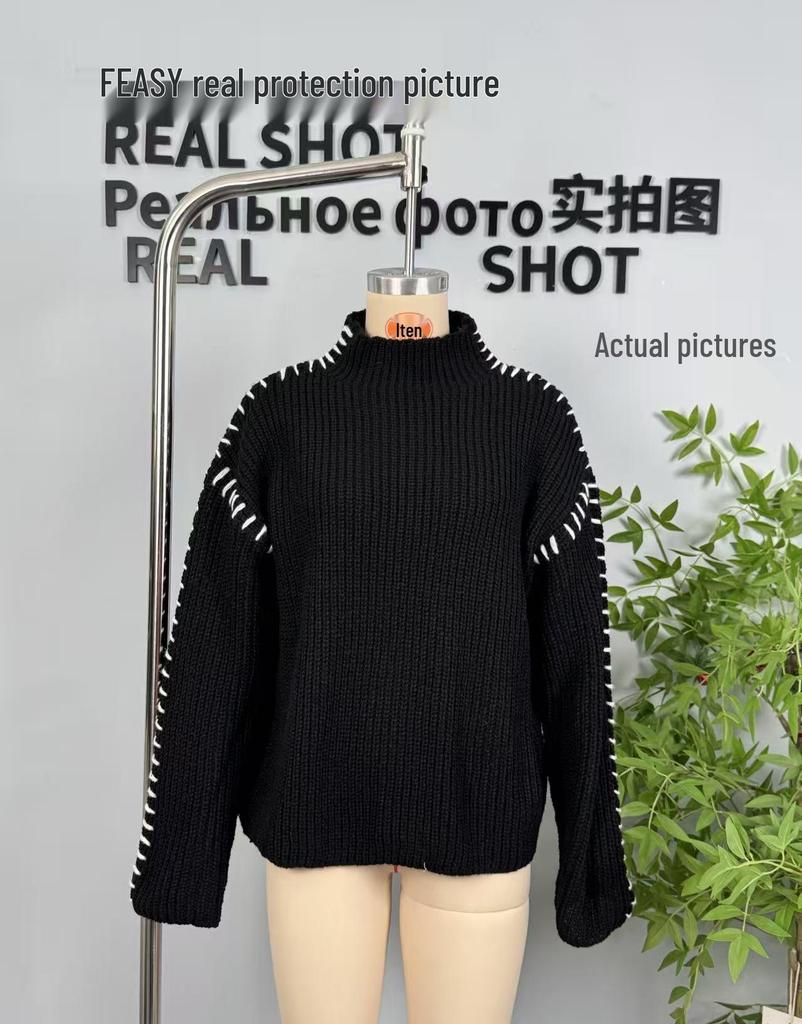 ZA Autumn/Winter Women's High Neck Color Block Pullover - European and American Street Style Fashion