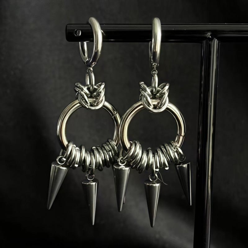 Gothic Punk Double Ring Stainless Steel Earrings with Rivet Spikes for Women