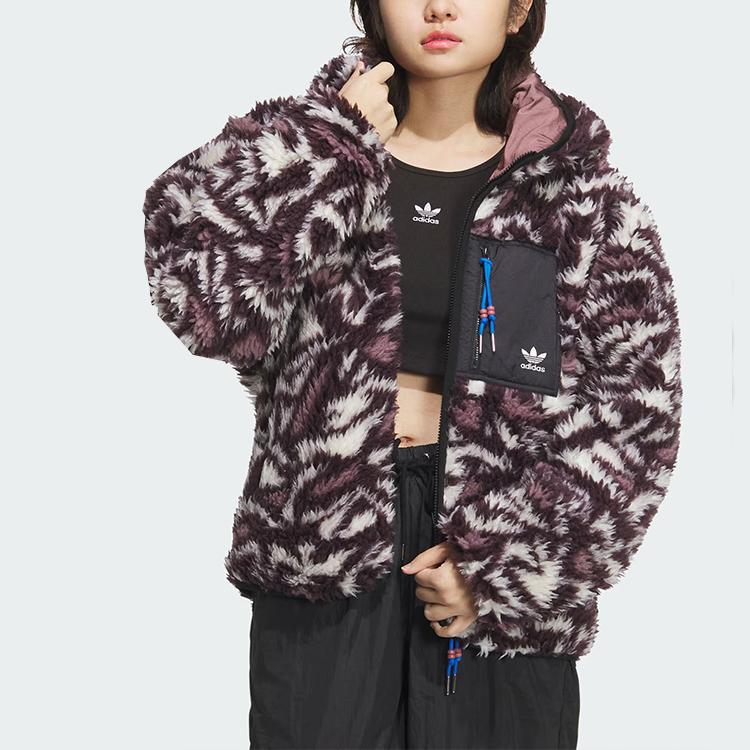 Adidas Originals Reversible Allover Print Fleece Zip-Up Hooded Jacket Unisex Jackets Dark-Purple Mysterious-Oxidized-Red JD6368