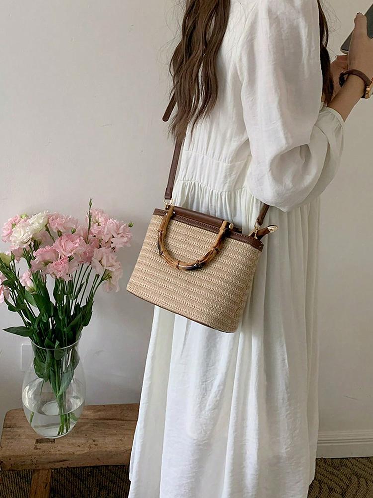 New Summer Woven Bucket Bag for Women Casual Beach Handbag Crossbody Shoulder Bag