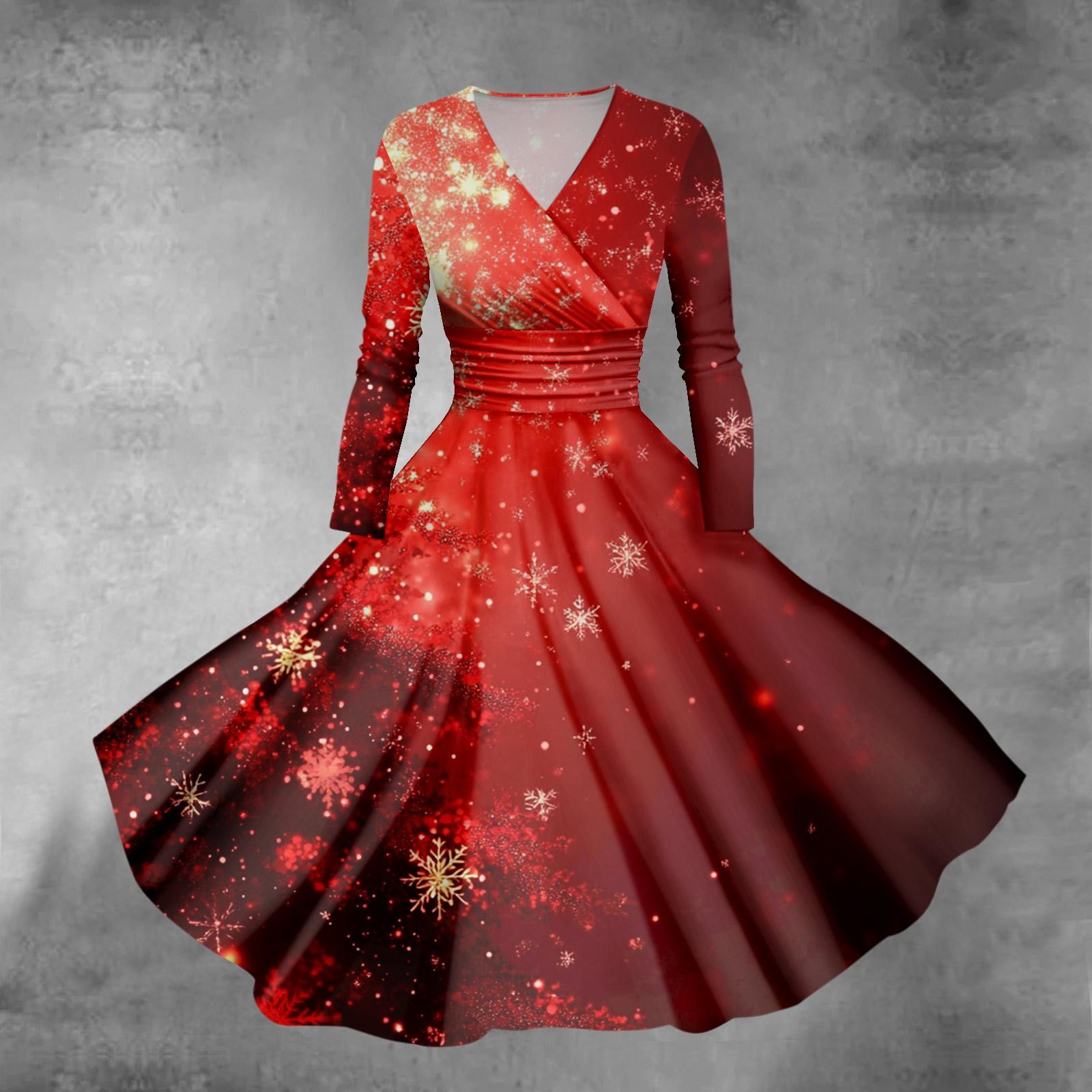 

Женское облегающее платье свободного кроя с принтом рождественской елки и снежинок, V-образным вырезом и длинными рукавами XXXXL красный