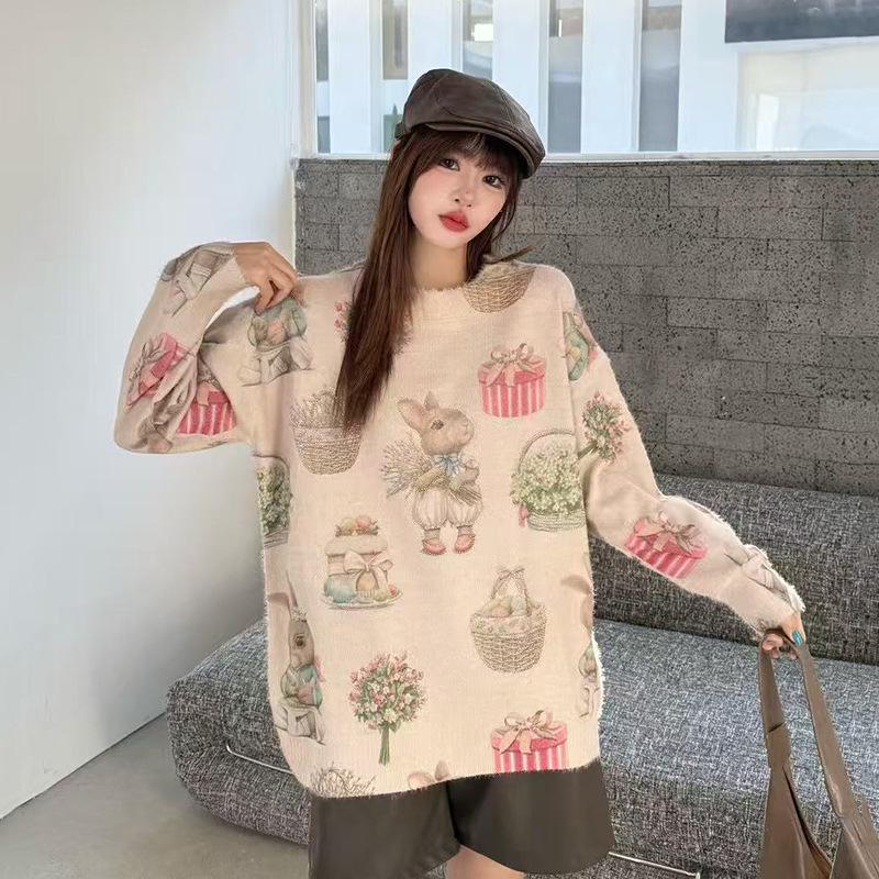 Women's Plus Size Cartoon Print Sweater - Autumn/Winter Trendy Heavy Knit Pullover