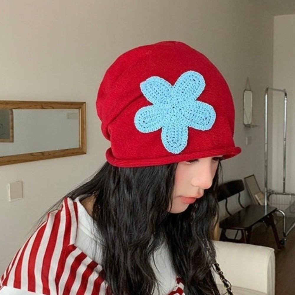 Flower Patch Knitted Hat Korean Style Ear Warmer Fashion Pullover Cap Autumn Winter