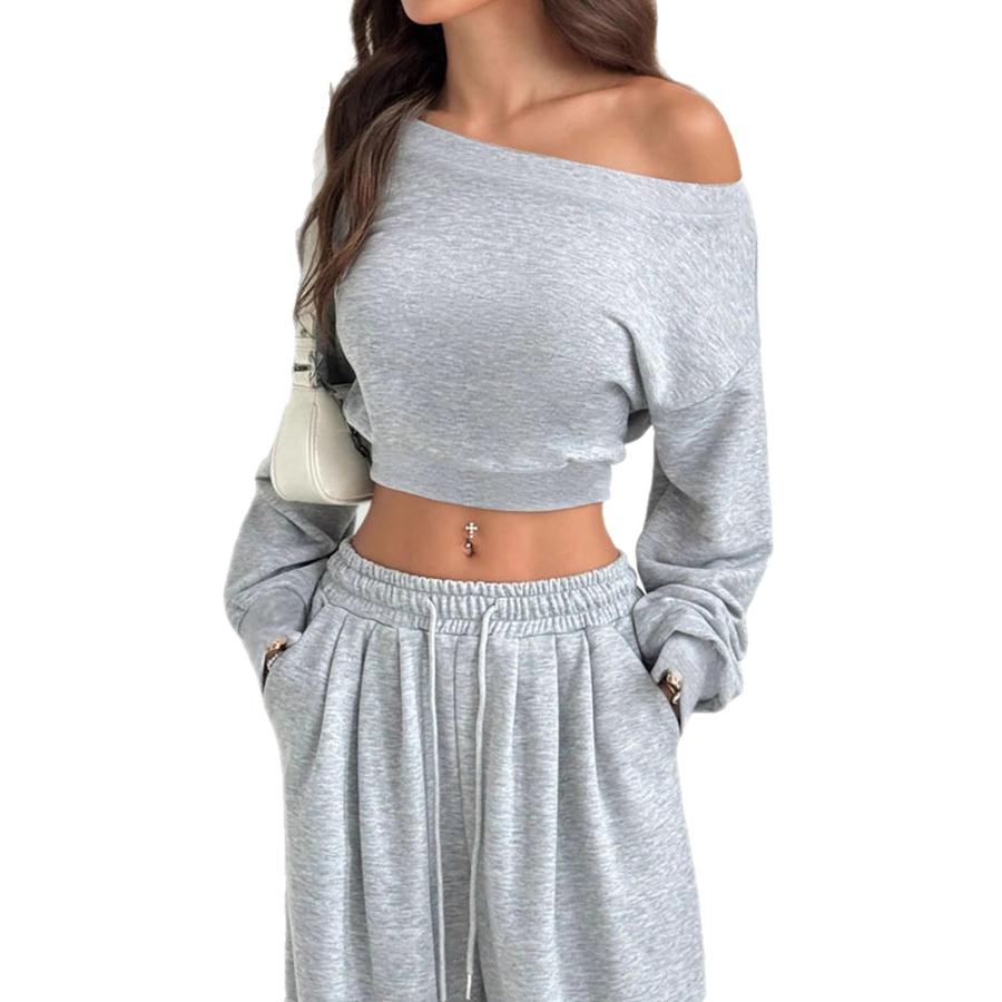 Casual Set Women's Solid Color Hoodie Sweatshirt Crew Neck Crop Top Knit Short Sleeve Long Sleeve Outfit