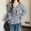 Lace Up Checkered Famale Shirt Korean Style Casual V-neck Ladies Long Sleeved Shirts Autumn New Trendy Daily Commuting Women's Blouse