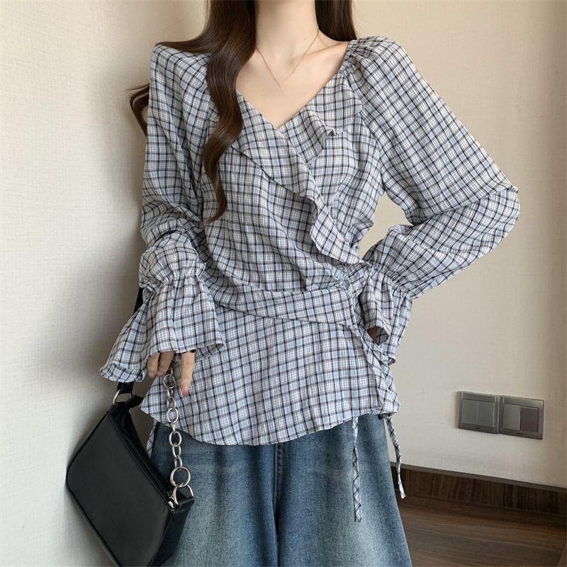 Lace Up Checkered Famale Shirt Korean Style Casual V-neck Ladies Long Sleeved Shirts Autumn New Trendy Daily Commuting Women's Blouse