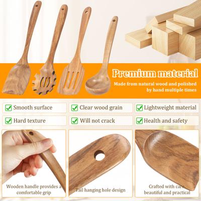 Wood Utensil Set Long Lasting Wood Cooking Utensil Set with Ergonomic Handle and Hanging Hole for Frying Serving Sauce