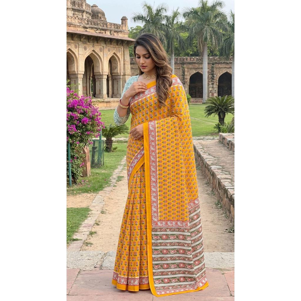Premium Bagru Printed Mulmul Cotton Saree