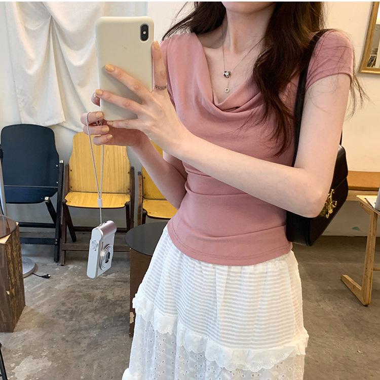 Women Spring Summer Solid Color One Shoulder Short Sleeved Shirt Slim O-Neck Blouses Pullover Tight Short Top S-XXL