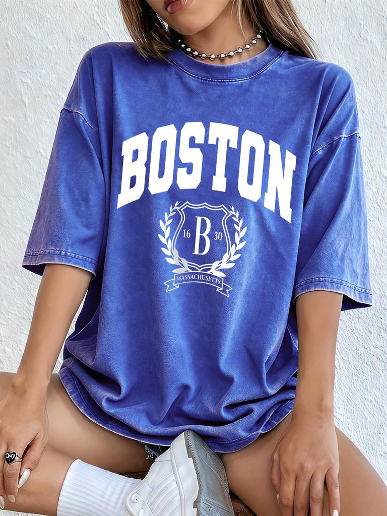 Boston Persönlichkeitsaufdruck Gewaschene T-Shirts Damen Baumwolle Oversize T-Shirt Lässig Weiche Kurzarm-Tops Sommer O-Ausschnitt Kleidung