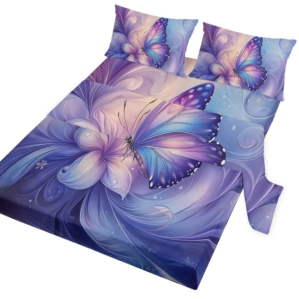 Butterfly Flowery 4 Piece Bed Sheet Set, Including 1 Flat Bed Sheet, 1 Super King Size Bed Sheet, 2 Pillow Cases (Animal, Home)