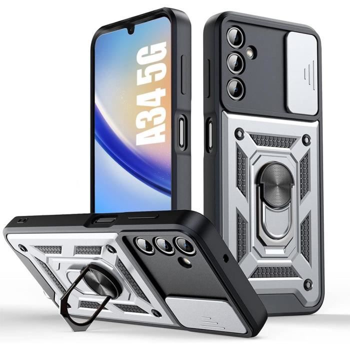 Coque de protection - Samsung - Galaxy A34 5G - Argenté - Antichoc - Support 360°