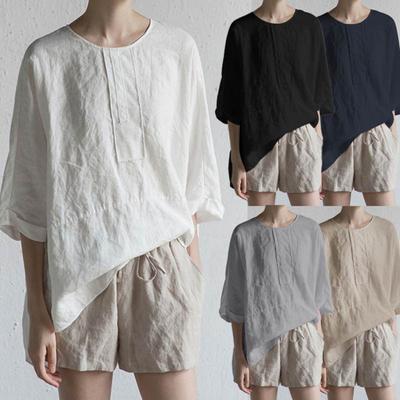 Women Casual Solid Color O Neck Half Sleeve Slitting Hem Loose Blouse T-shirt
