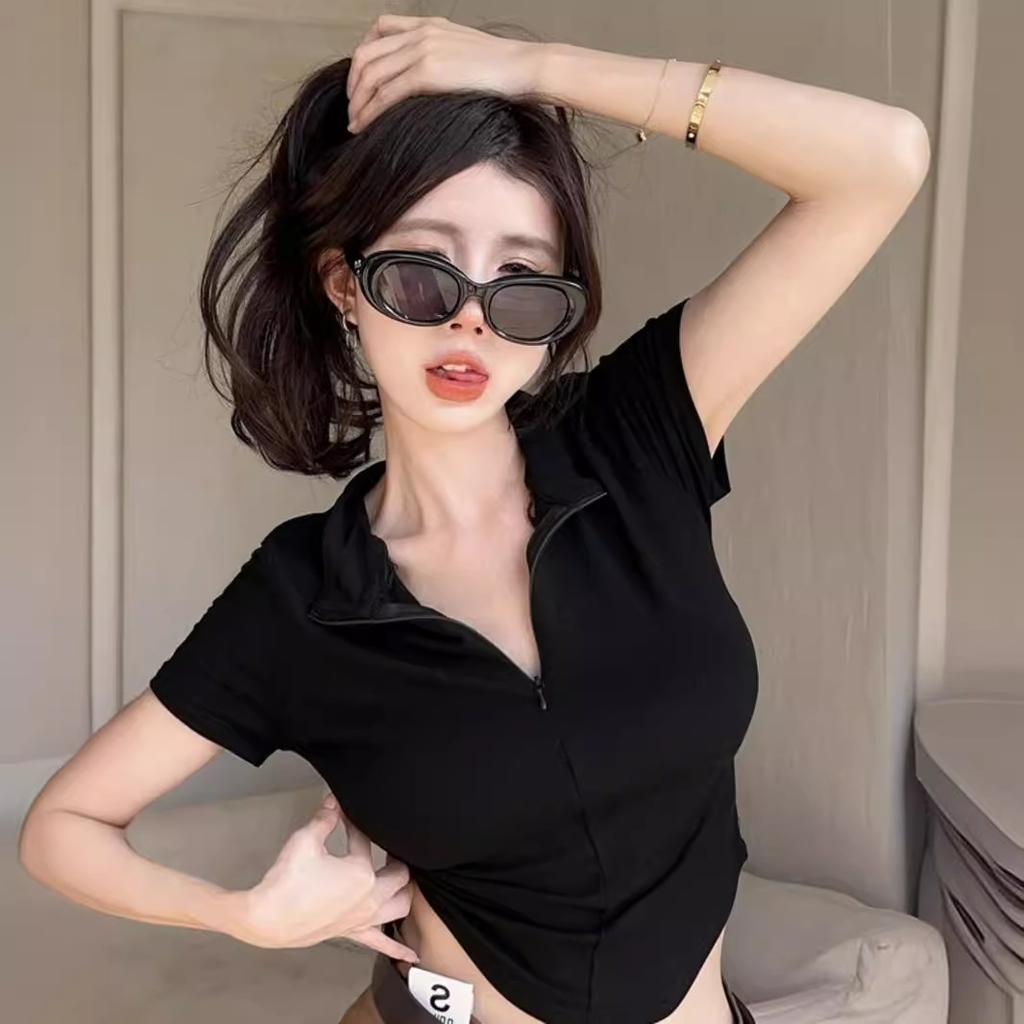 Zipper Lapel Slim and Thin Waist T-shirt Summer Fashion Versatile Chic Niche Ins Pure Desire Top Women