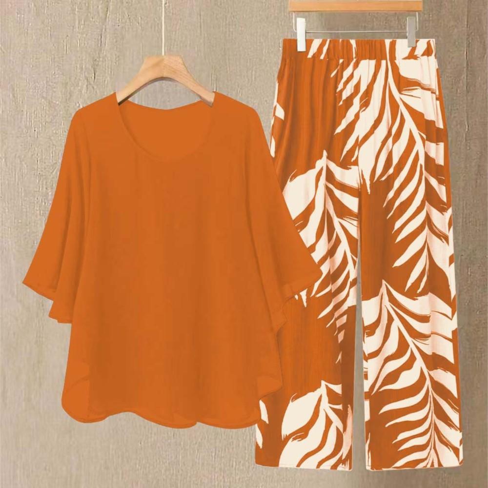 Spring Casual O Neck Women's Long-sleeved Chiffon Top Suit Fashion Elegant Loose Vacation Female Printed Trousers 2piece Set