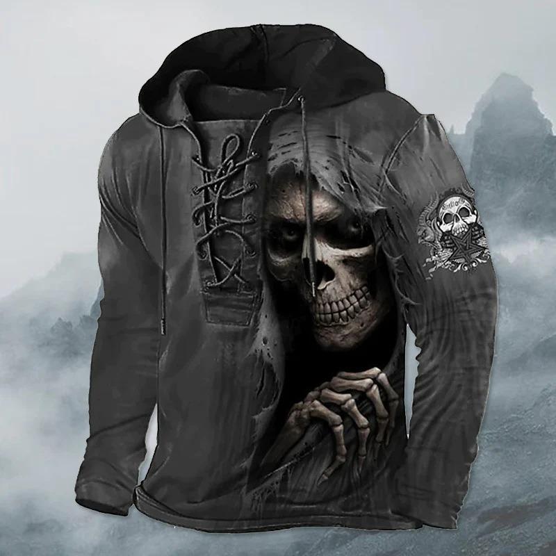 Men's Black Grim Reaper Skull 3D Print Hoodie Lace Up Front Hooded Sweatshirt