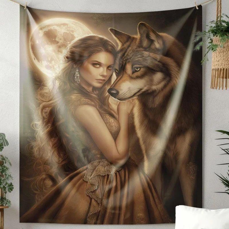 Tapestry Goddess and the Wolf mystical 75x100