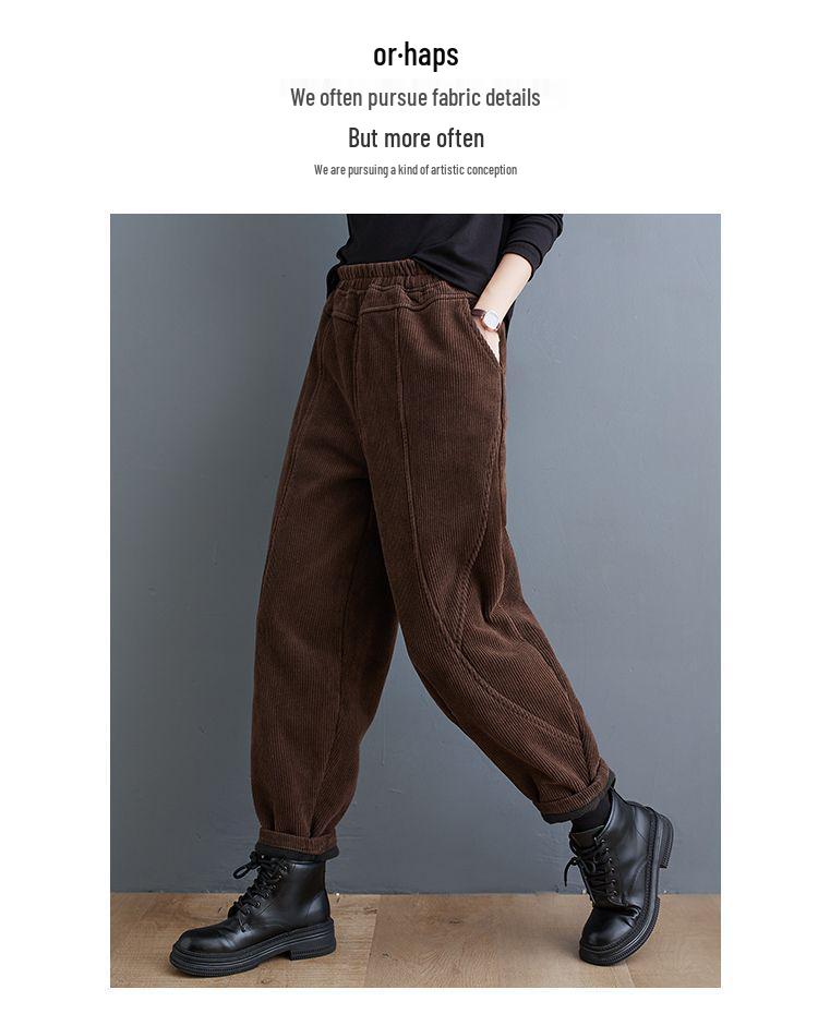 2024 Dámské manšestrové harémové kalhoty plus size - Fialové, Zesílený samet, Elastický pas, na jaro, podzim, zimu.