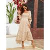 YYFS Women's Fashion Spring Fall Flower Pattern Print Long Sleeve Square Collar Loose Waistline Casual Dresses