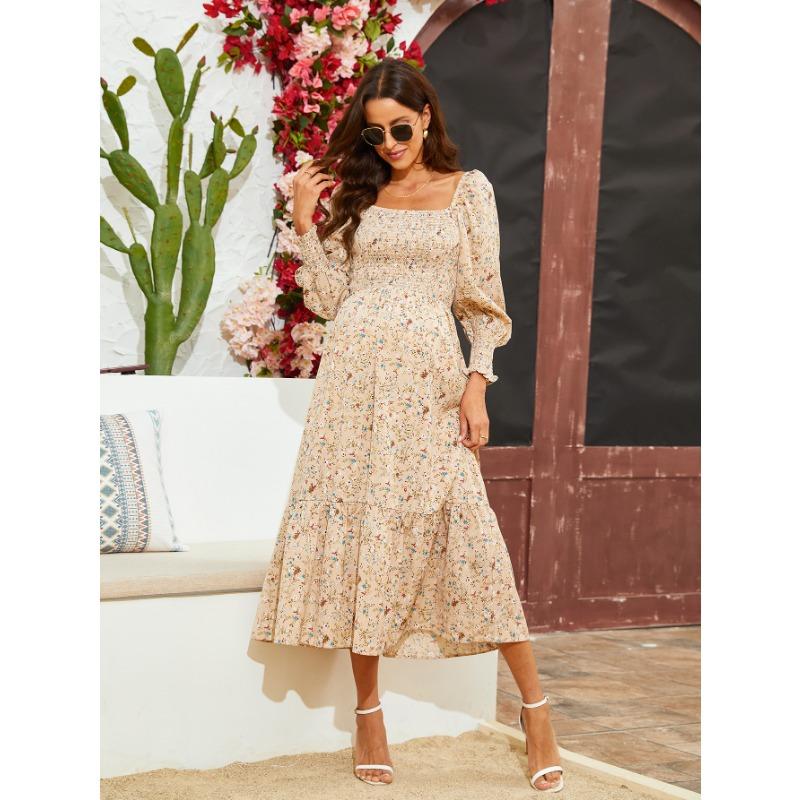 YYFS Women's Fashion Spring Fall Flower Pattern Print Long Sleeve Square Collar Loose Waistline Casual Dresses